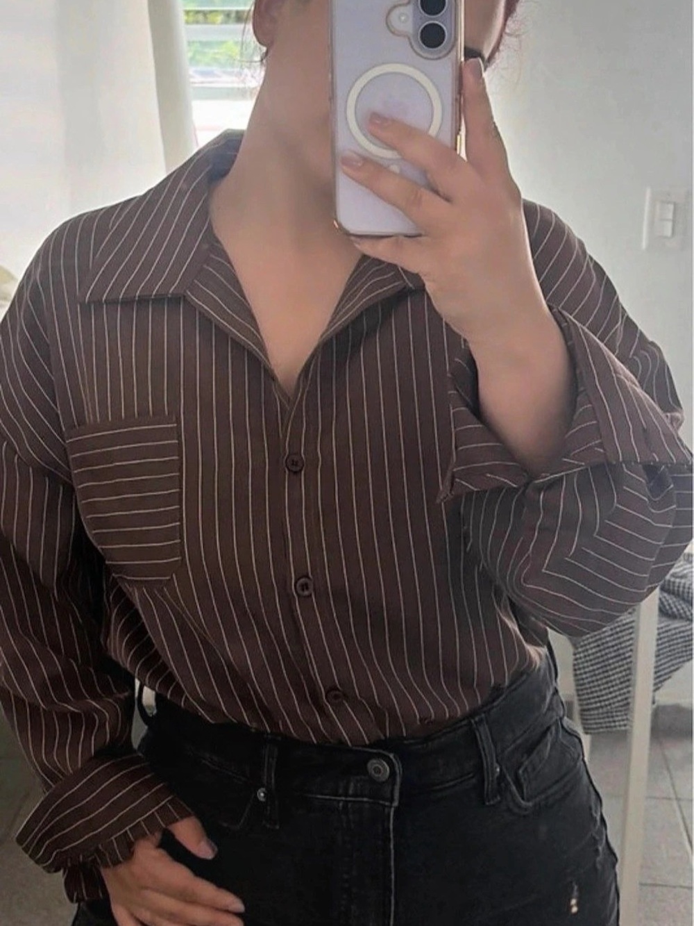 Edikted Pinstripe Tailored Button-Up Shirt Brown & White
